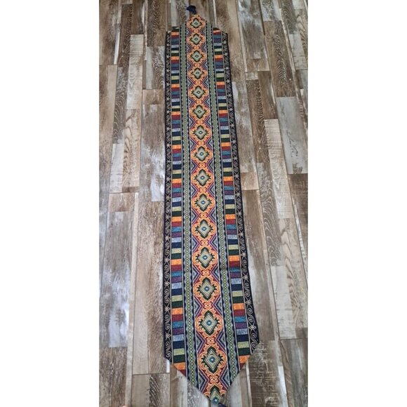 Colorful Tapestry Table Runner Pointed Tassel Abstract Striped Vibrant 13x72 - Picture 3 of 5